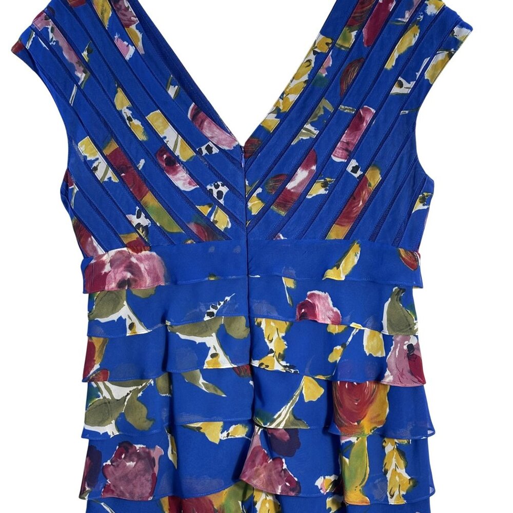 Floral Tiered Blue Sleeveless V-Neck Dress, Ruffled Layers,  Multicolor Print - Picture 4 of 13